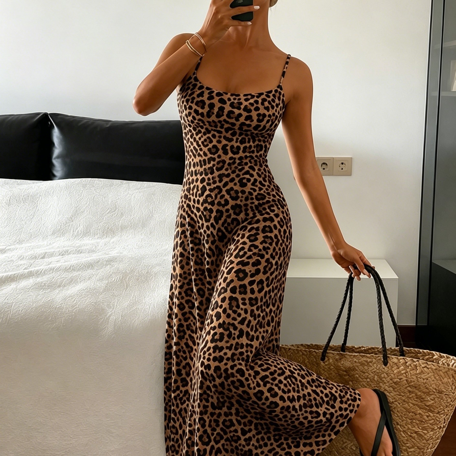 1pc Spring Summer Leopard Print Cami Dress Vacation Essential Nightgown
