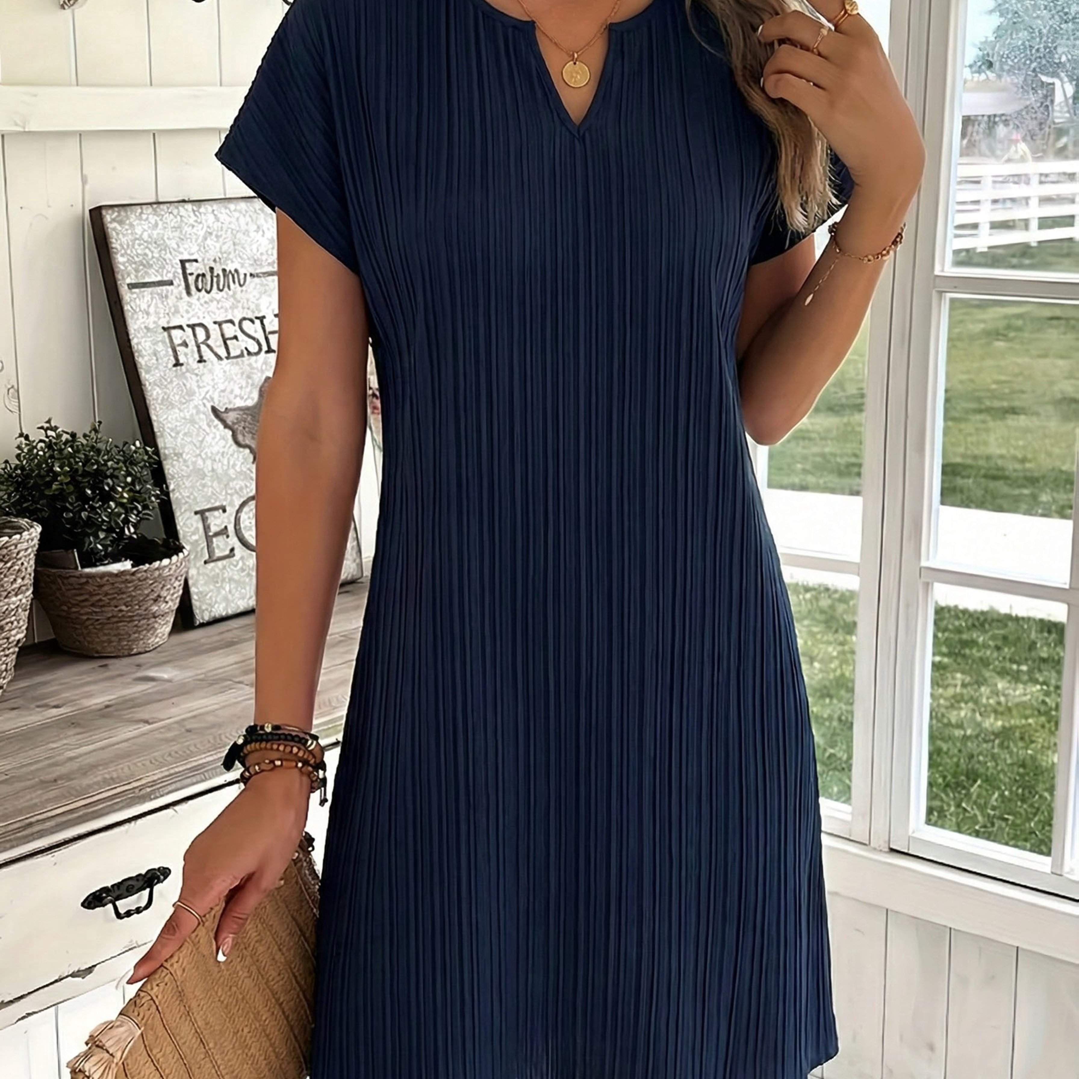 E-shop Damen Freizeitkleid für Frühling/Sommer, Urlaub, einfarbig, V-Ausschnitt, A-Linie, für Teepartys