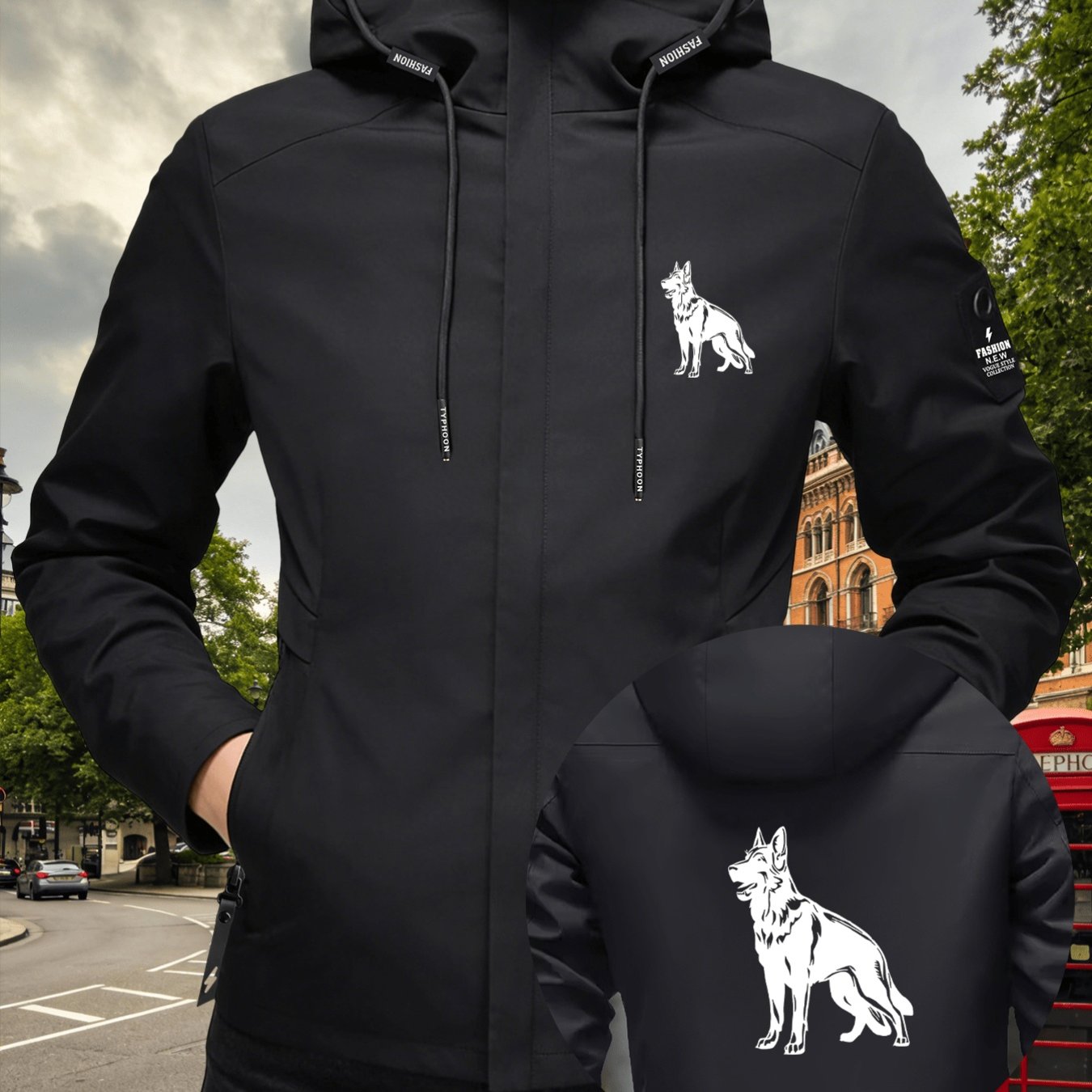 TEMU Women's Hooded Outdoor Windbreaker Jacket With German Shepherd, Police Dog/ Symbol Pattern, Spring/summer Casual Outing Women's Outerwear,