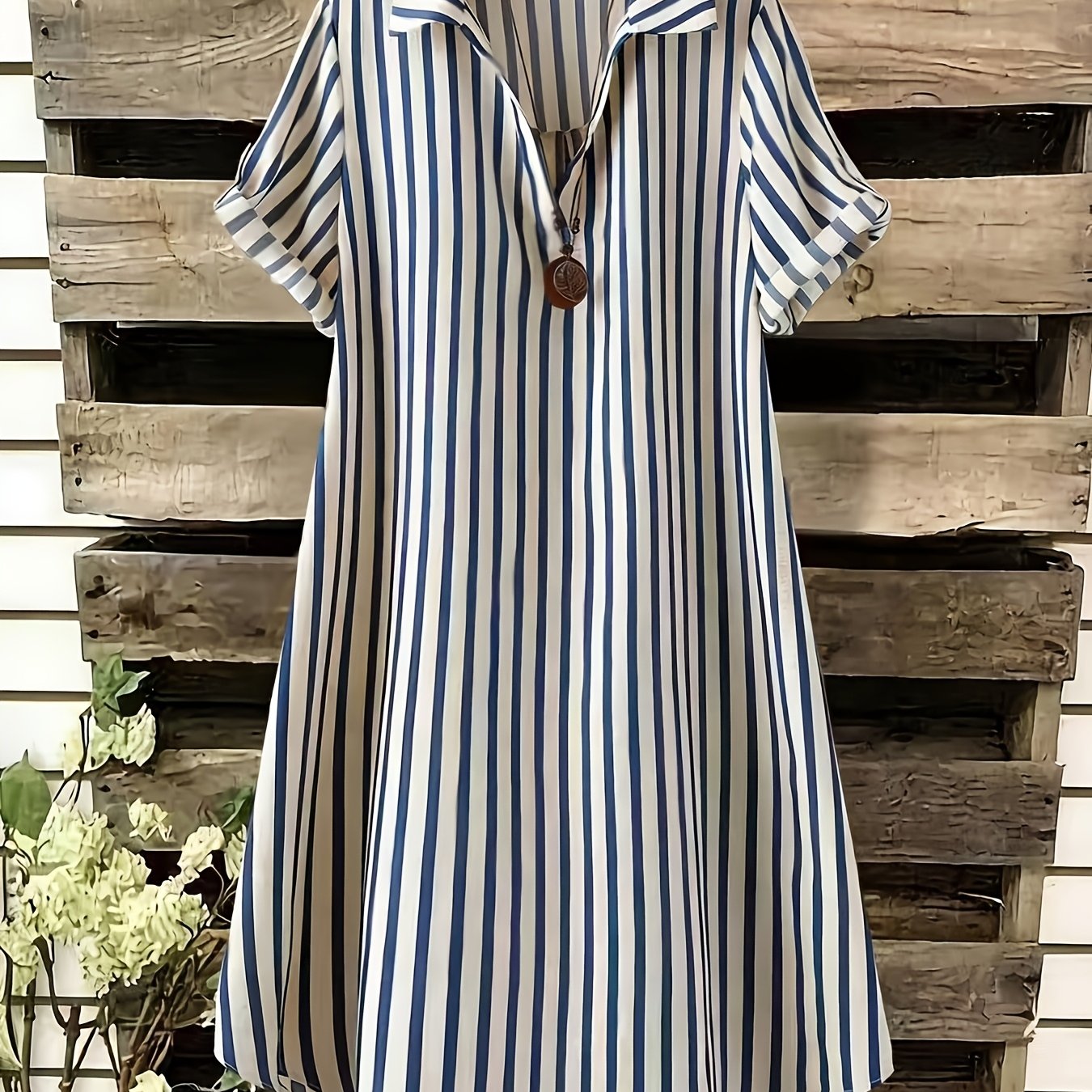 TEMU Plus Size, Plus-size Women's Blue And White Striped Shirt, Suitable For Vacation, Leisure, And Summer Wear