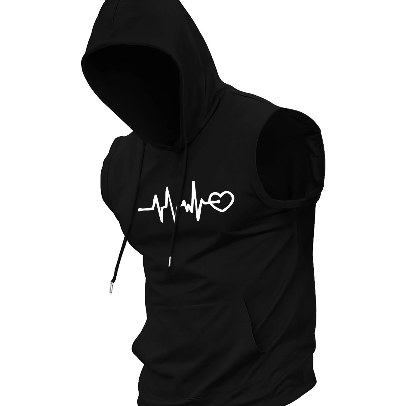 TEMU Men's Casual Hooded Vest, Heartbeat Pattern Sleeveless Hooded Vest, Suitable For Summer Sports, Gym Training, Indoor And Outdoor Casual Sports,