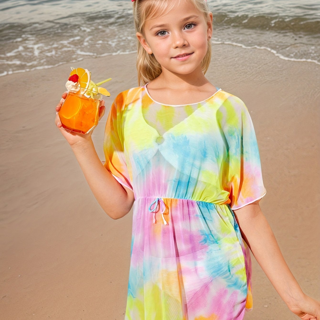 1pc Gradient Print High-stretch Girls' Shirt, Suitable For Seaside Vacations Swimming Pool