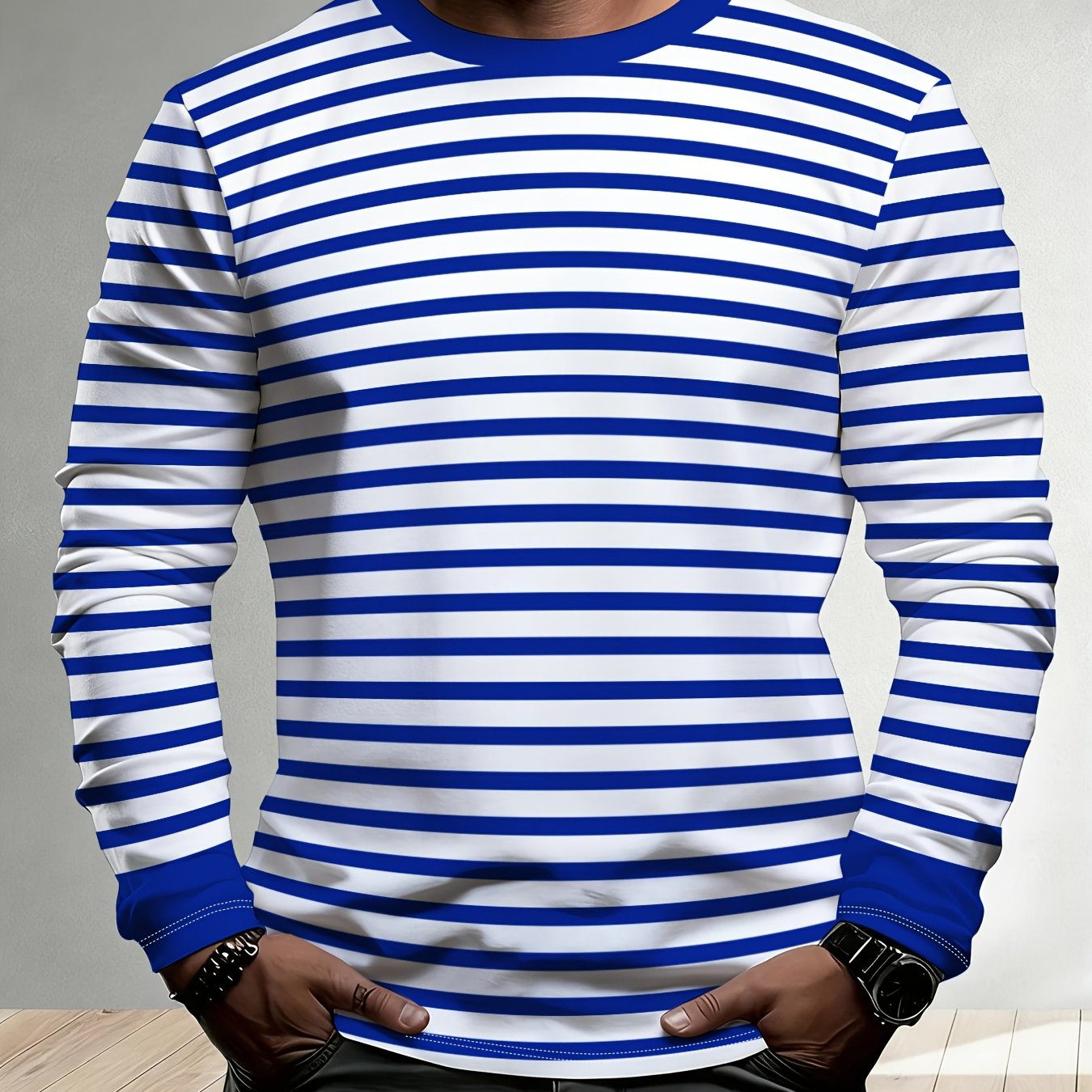 TEMU Men's Striped Print Crew Neck Long Sleeve T-shirt, Comfortable, Breathable, And Versatile Top For Daily Street And Sportswear, Plus Size