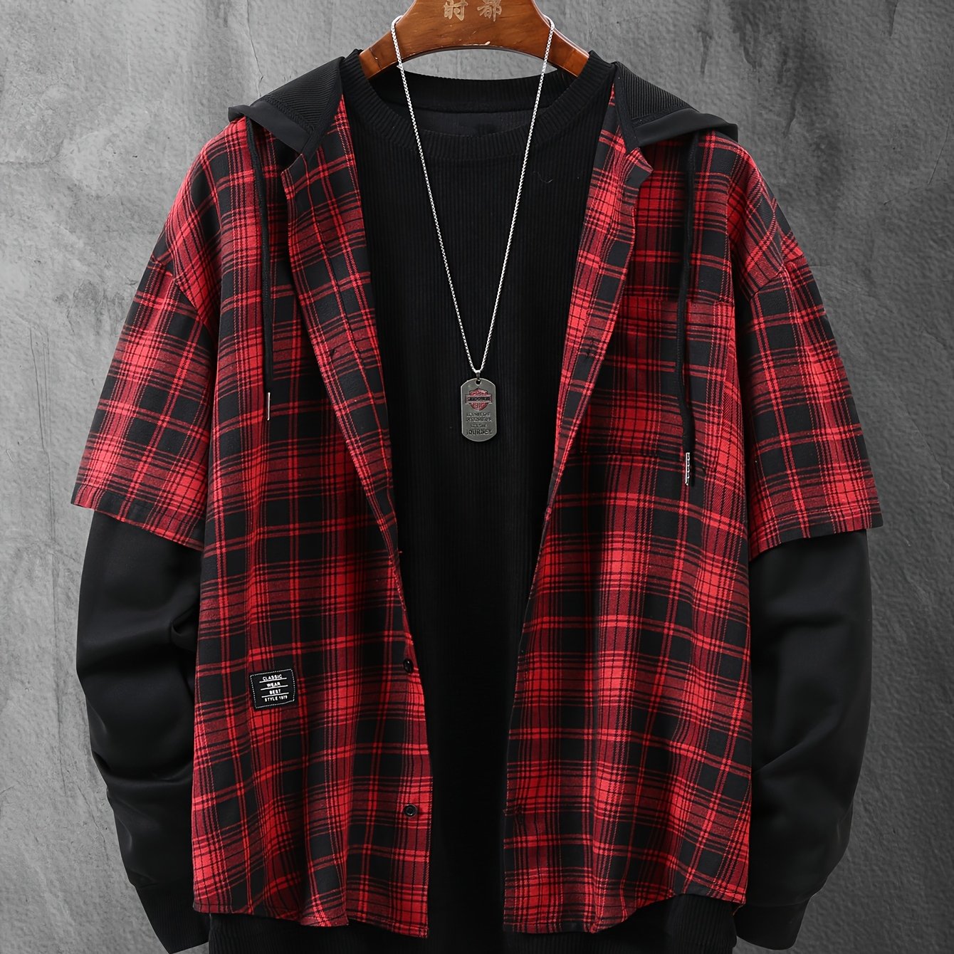 's Korean-style Versatile Two-piece Spliced Shirt For Spring And Autumn, Featuring Pockets And A Hood, With A Checkered Design And Button-up Front