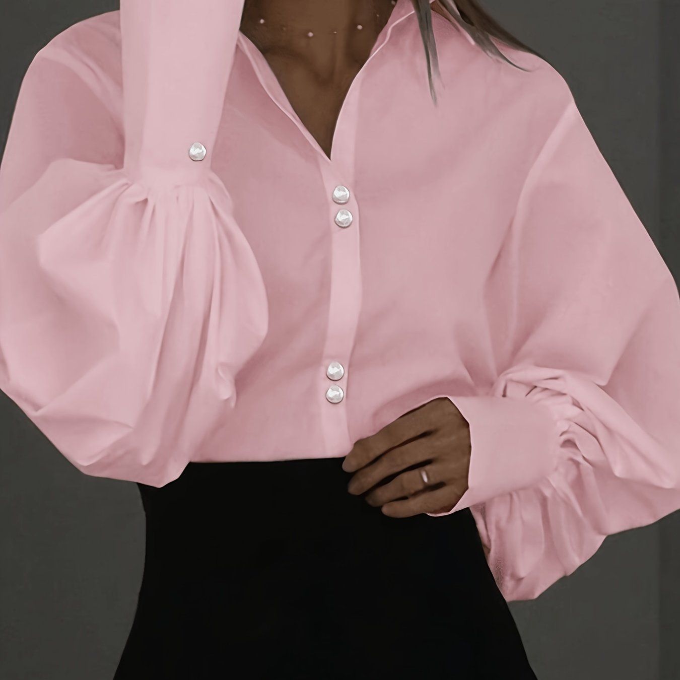 TEMU Women's Fashionable Elegant Commuter Lapel Lantern Sleeve Shirt, Solid Color Fabric, Button-front Closure, Suitable For Office, Casual , Dates,
