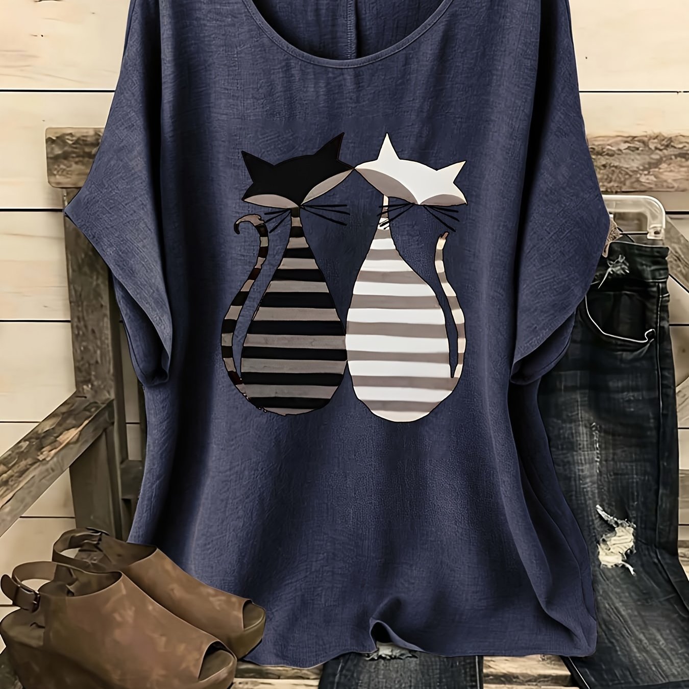 TEMU European And Easy Bohemian Style Retro Round Neck Short-sleeved Shirt, One-piece Women's Shirt, Retro Women's Clothing, Women's Shirt, Spring,