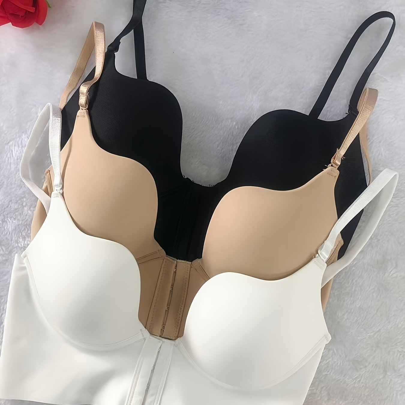 Deep U-plunge Sexy Glossy Thin Molded Cup Seamless Front Closure Bra, 3pcs