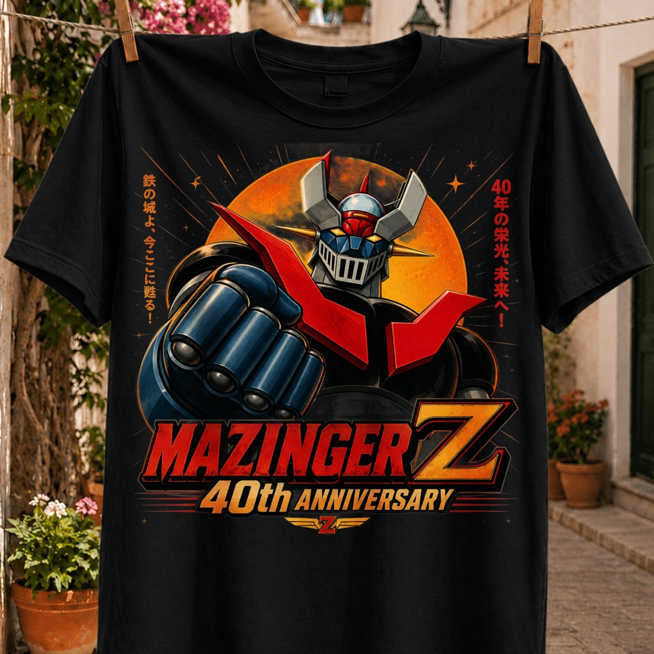 TEMU Camiseta unisex con diseño retro de robot enorme, de metal , , texto lateral en japonés y del 40.º aniversario de Z