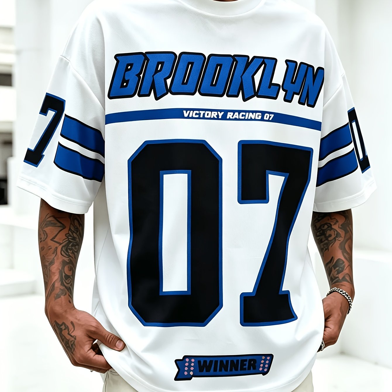 TEMU Plus Size Men's T-shirt, Sporty Style Printed Tee - Brooklyn No. 07 - Breathable Fabric Short Sleeve - Lightweight Summer Top, Suitable For