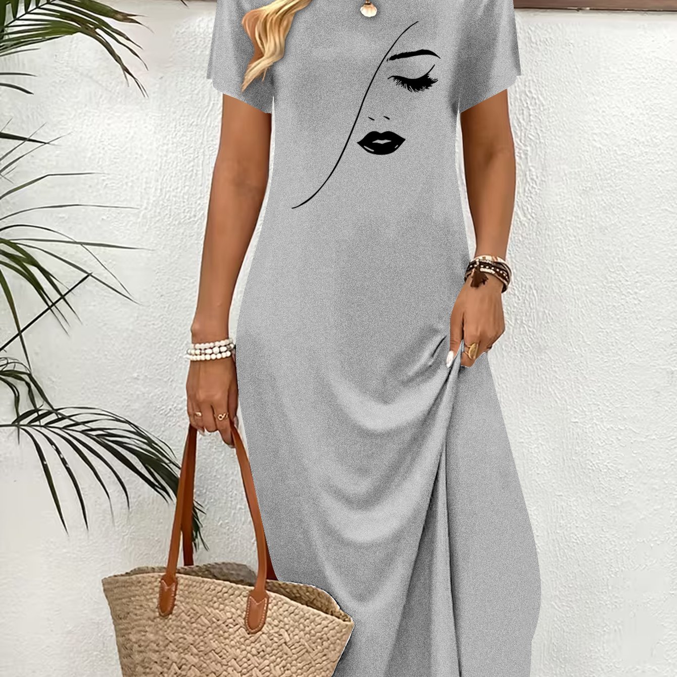 TEMU Elegant And Fashionable Women's Dress With Portrait Print Round Neck Short Sleeve Casual Dress, Spring And Summer New Style Dress, Soft And