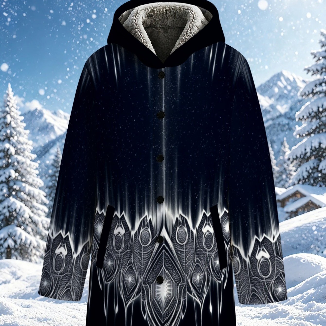 TEMU Lianyaoshi [printed Design Not Textured] Women's Fleece-lined Coat For Autumn Winter Black With Geometric Pattern, Lightweight Warm For Outdoor