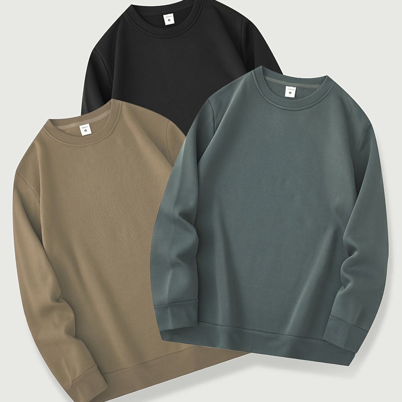 TEMU 3pcs Men's Trendy Autumn & Neck Sweatshirts - Casual Pullover In Black, Olive Green, And Dark Gray, 100% Polyester, Machine Washable