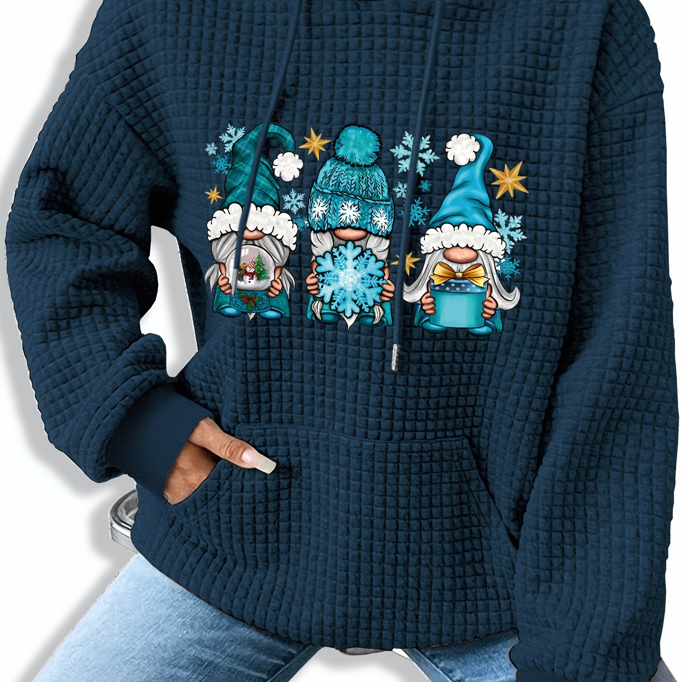 TEMU Christmas And Halloween Patterned Printed Waffle Kangaroo Hoodie For Women, Stylish Tops For Ladies, Suitable For Spring, Autumn, And Winter