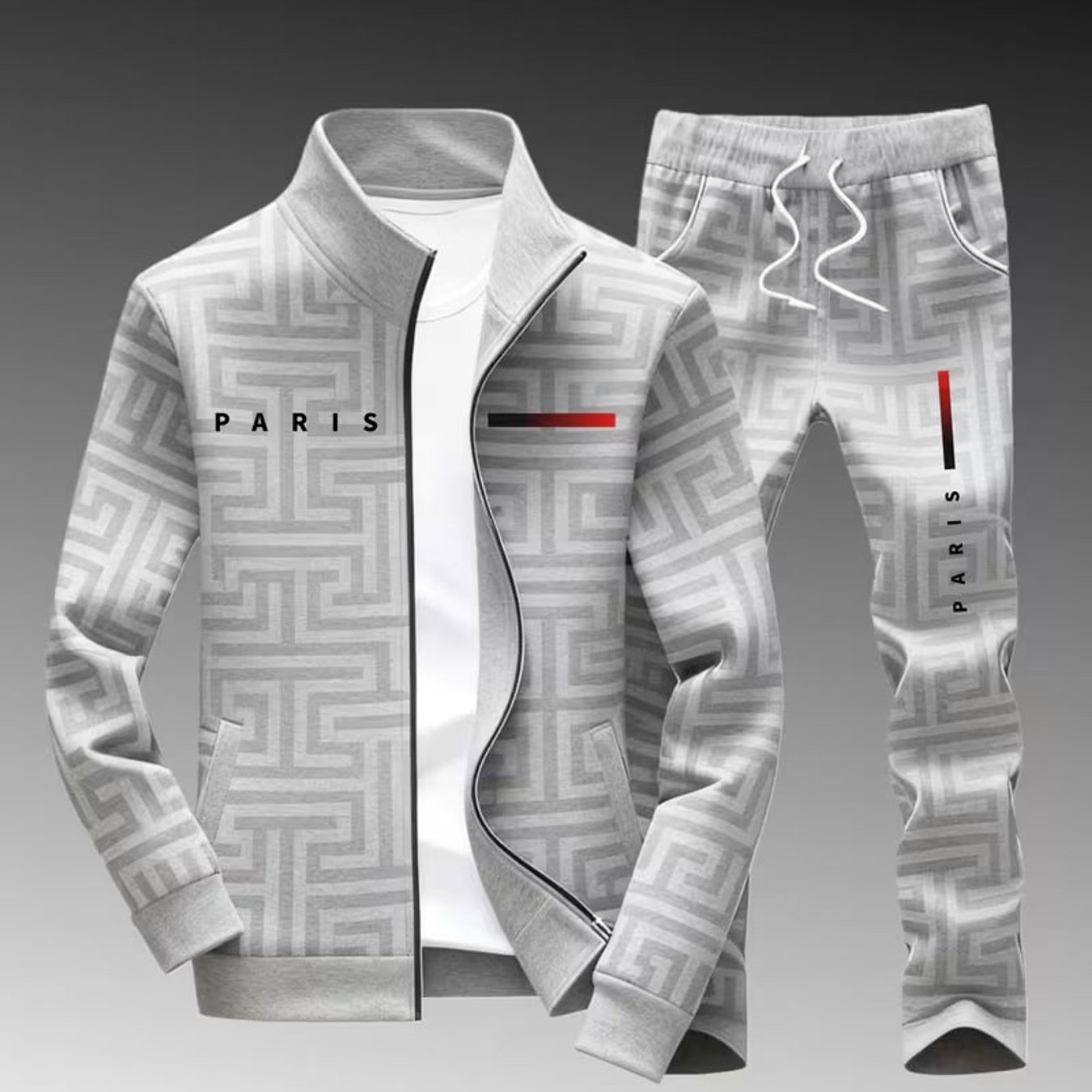 Men's Track Suit Paris Geometric Maze Pattern Stand Collar Jacket Drawstring Jogger Pants Street Style Casual Sportswear Adults Men Fall Winter Outfit