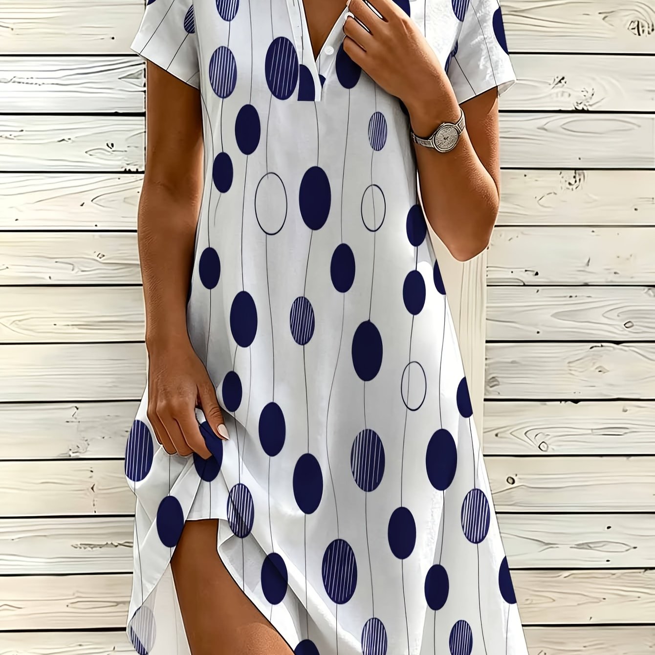 Image of Women's Fashion Shirt Dress, V-neck Button Dress, Navy Blue Polka Dot Vertical