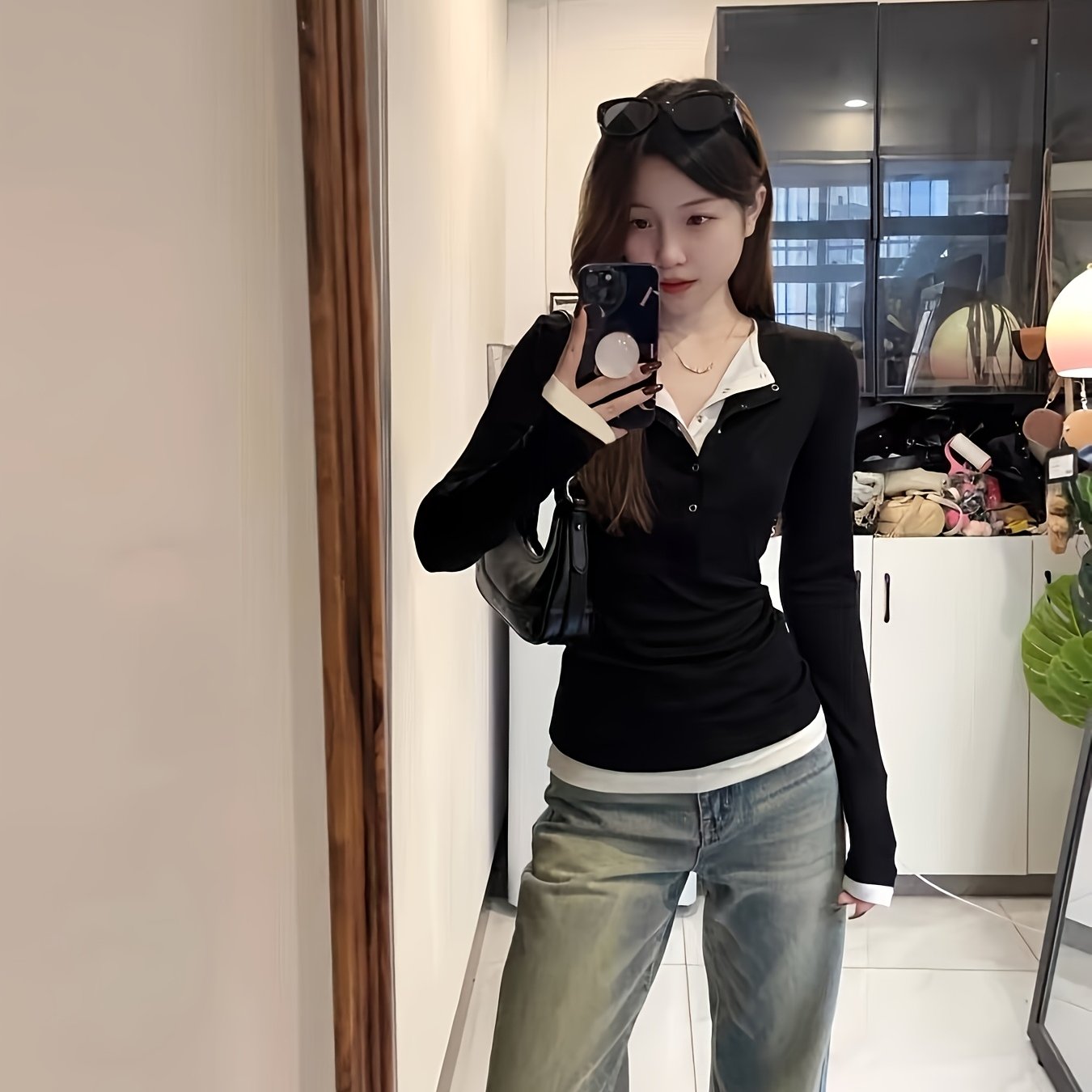 TEMU T-shirt coréen à col Henley chaud, faux deux pièces, manches longues, automne 2026, nouveau modèle à la taille