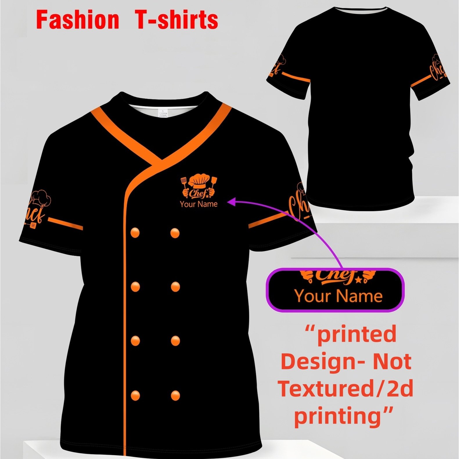 TEMU Printed Design- Not Textured/2d Printing Male And Female Chef's Short Sleeved Workwear, With Pink Edging, Custom Chef Name Reserved In Chest