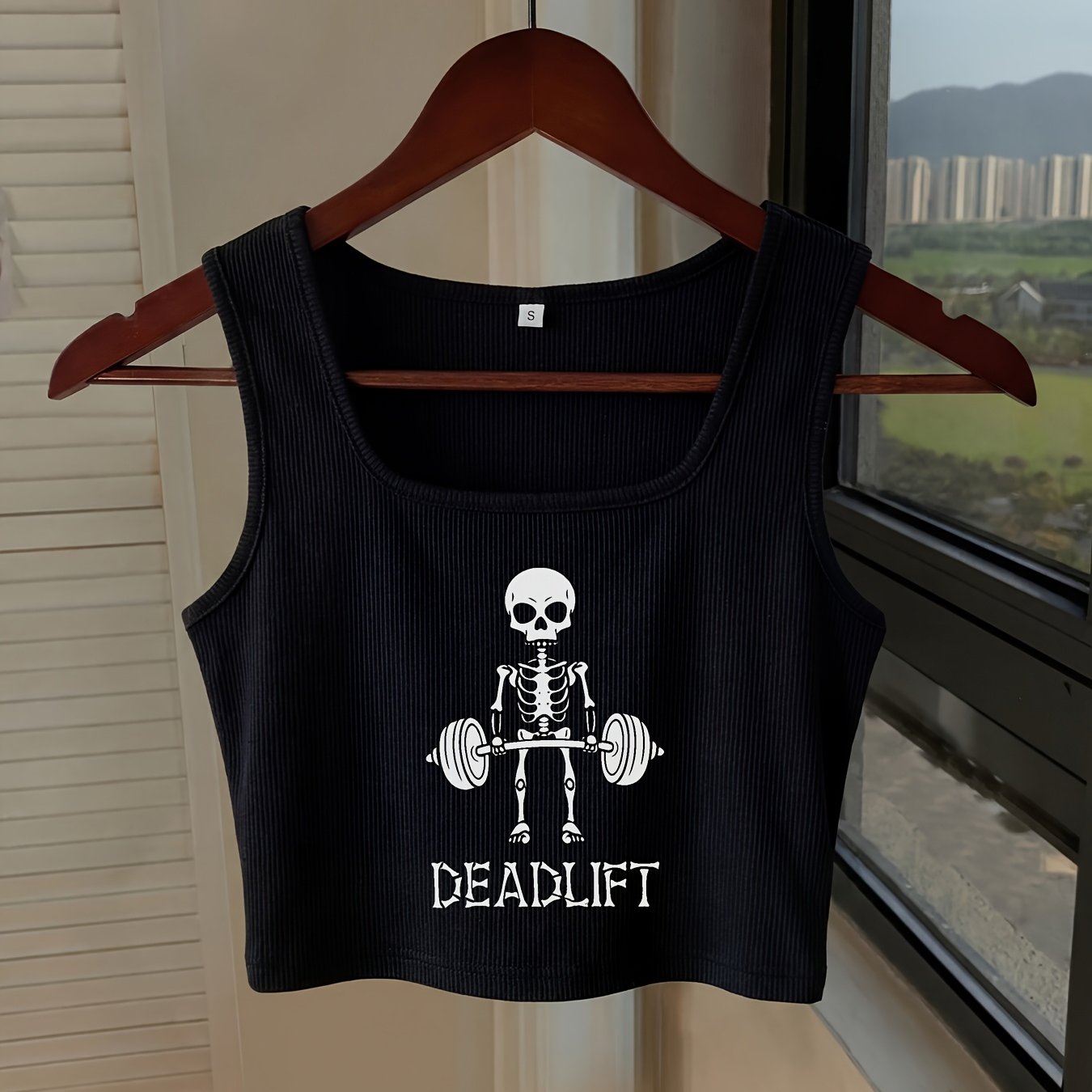 TEMU Ladies' Ribbed Short Crop Top With Neckline, Featuring A Gothic-style Skull Lifting A Barbell With The Print "deadlift", Sleeveless Sports