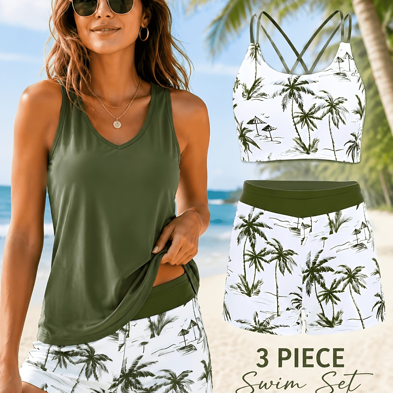 Women's Tankini Swimsuit, 3pcs Tummy-control Swimwear With Shorts, Tree Print Beachwear.