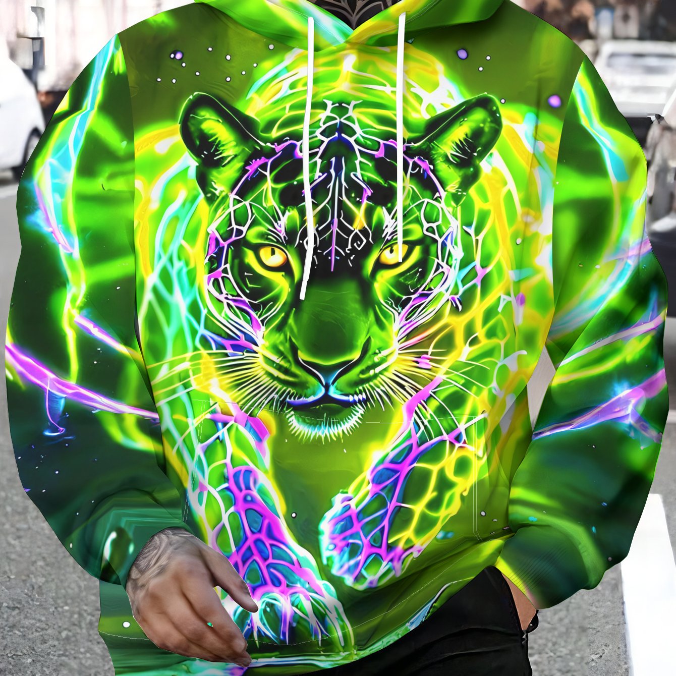 TEMU Fashion Hooded Sweatshirt, Casual Athletic Hoodie Neon Leopard Shadow Treading Water Shimmer Sharp Eyes With Front Pocket - Stretch Blend,