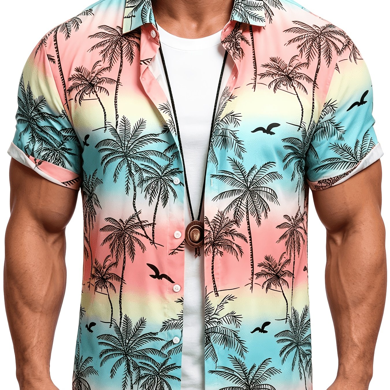 TEMU [print Design - Non-textured] 2026 New Summer Men's Shirt, Men's Hawaiian Style Short Sleeve Collared Shirt Top, Coconut Tree Pattern Button-up
