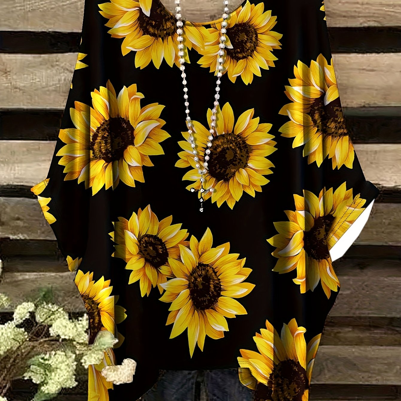 TEMU Plus Size, Plus-size Women's Clothing, Women's Plus-size Bohemian Resort-style T-shirt- Short-sleeve Round Neck, Sunflower And Animal