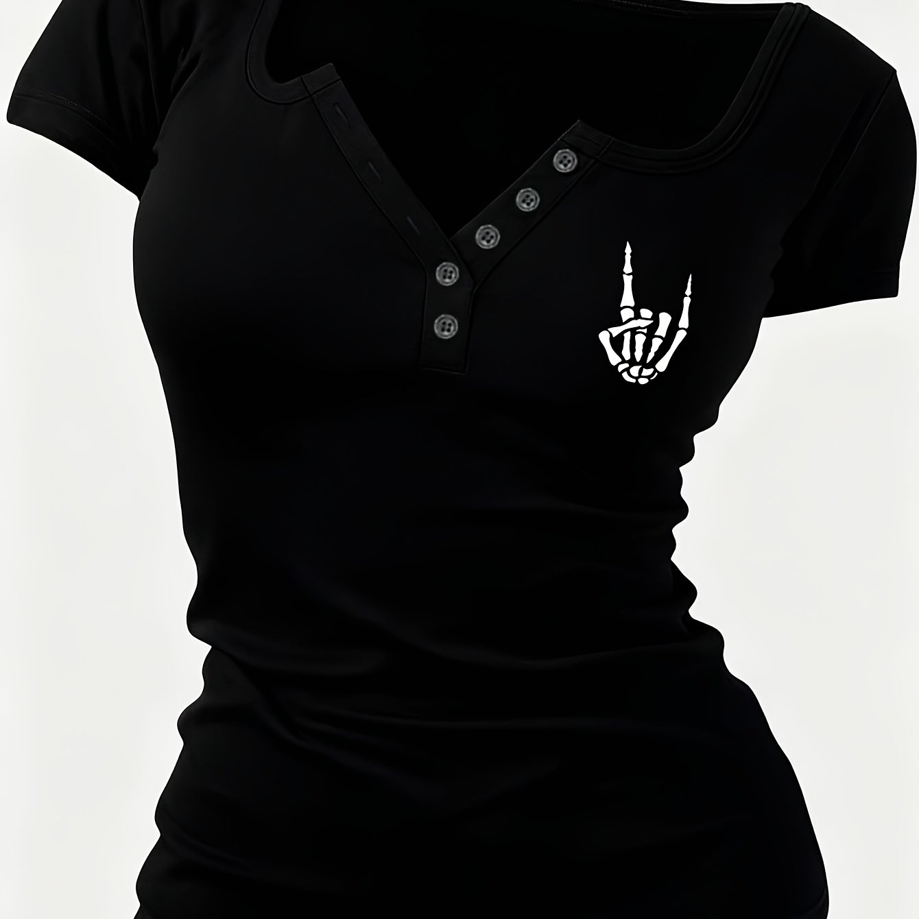 TEMU Artistic Skull Hand Pattern Button- Henley Collar Hot Sexy Design Women's T-shirt, A Revealing Y2k/casual/y/commuting/fashionable/elegant,