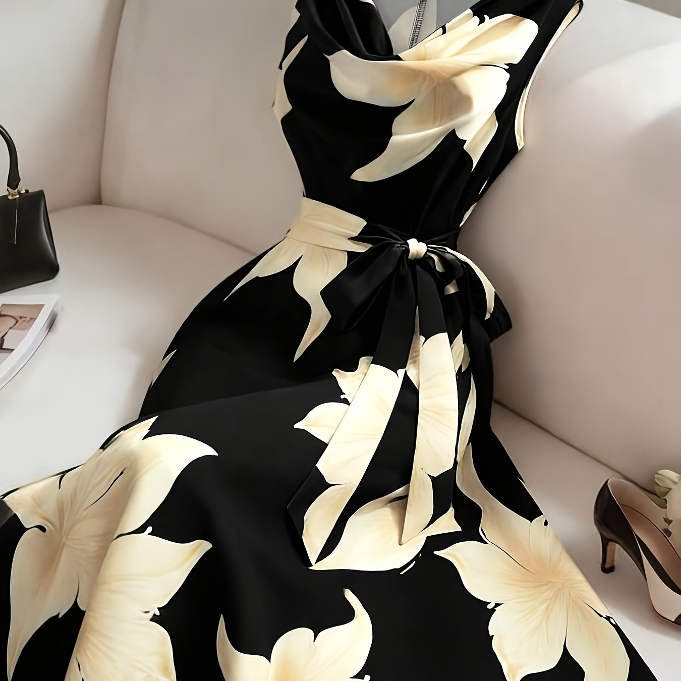 TEMU Plus Size - Plus Size - Plus Size Women's Elegant Sleeveless Printed Dress With Bow Belt