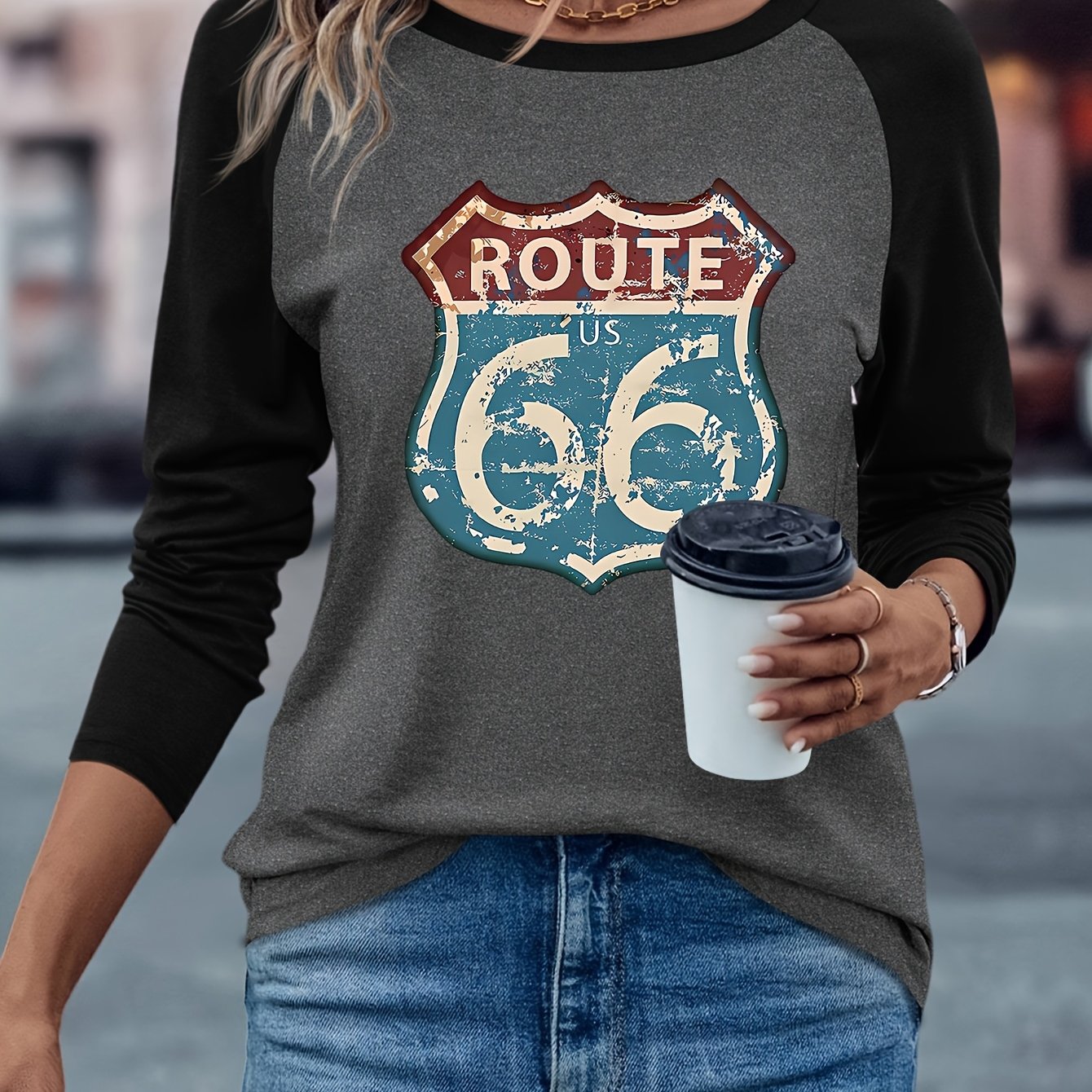 TEMU Women's Vintage Road T-shirt - Retro Sign & Iconic Highway, Raglan Sleeve Crew Neck Casual Top, Spring/autumn Blouse Style Suitable For Casual