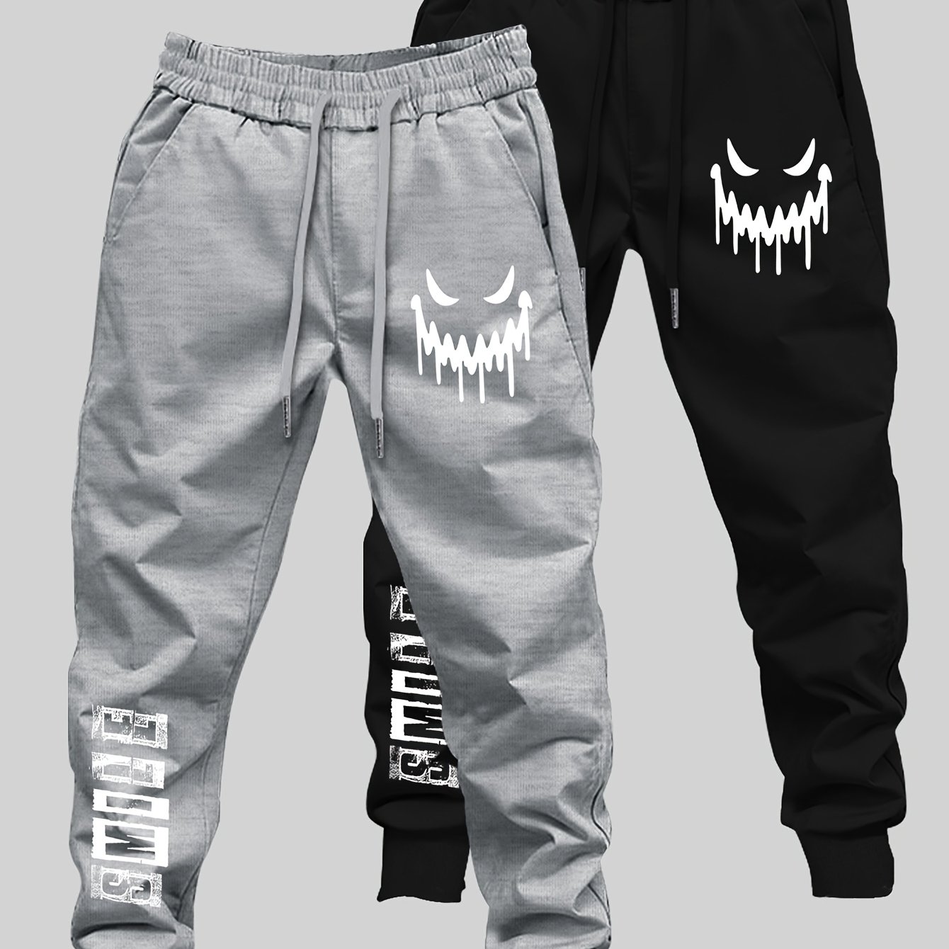E-shop 2 Stück Herren Hose mit fröhlichem Gesichts-Doodle Schriftzug – Elastische Freizeit- Sportbekleidung, geeignet für Herbst/Winter,