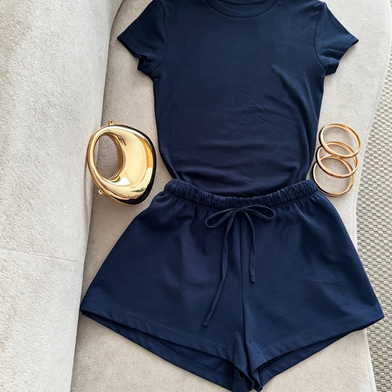 TEMU Women's Round Neck Short-sleeve Navy Blue Solid Color Casual Short-sleeve T-shirt And Women's Casual Navy Blue Solid Color Shorts Two-piece Set