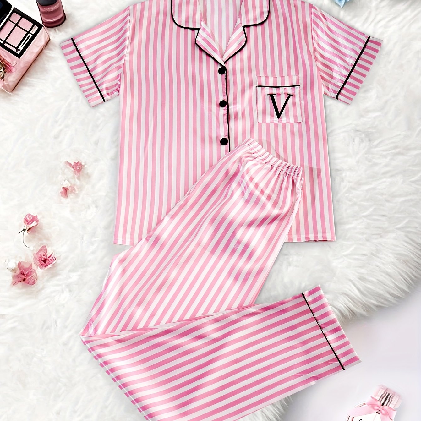 Image of Classic Striped Print And Pocket Letter Short Sleeve Long Pants Pajama Set, Contrast Piping Lapel Wear