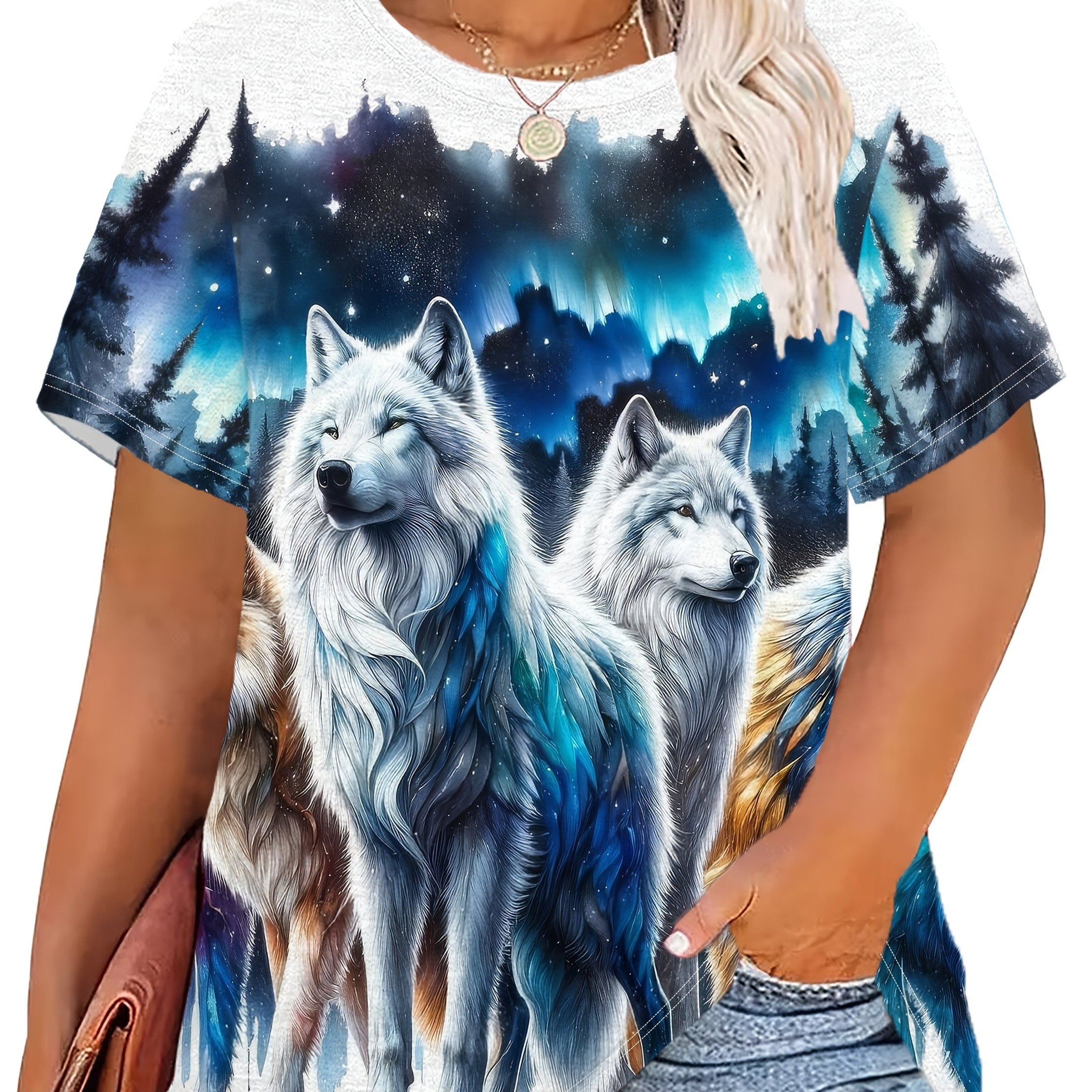Image of Plus Size, [wolf 3d T-shirt] Plus Size- Moonlight Wolf 3d Printed T-shirt For Women- Mysterious Wild Wolf Design, Summer Casual Wear, Outdoor, Gift