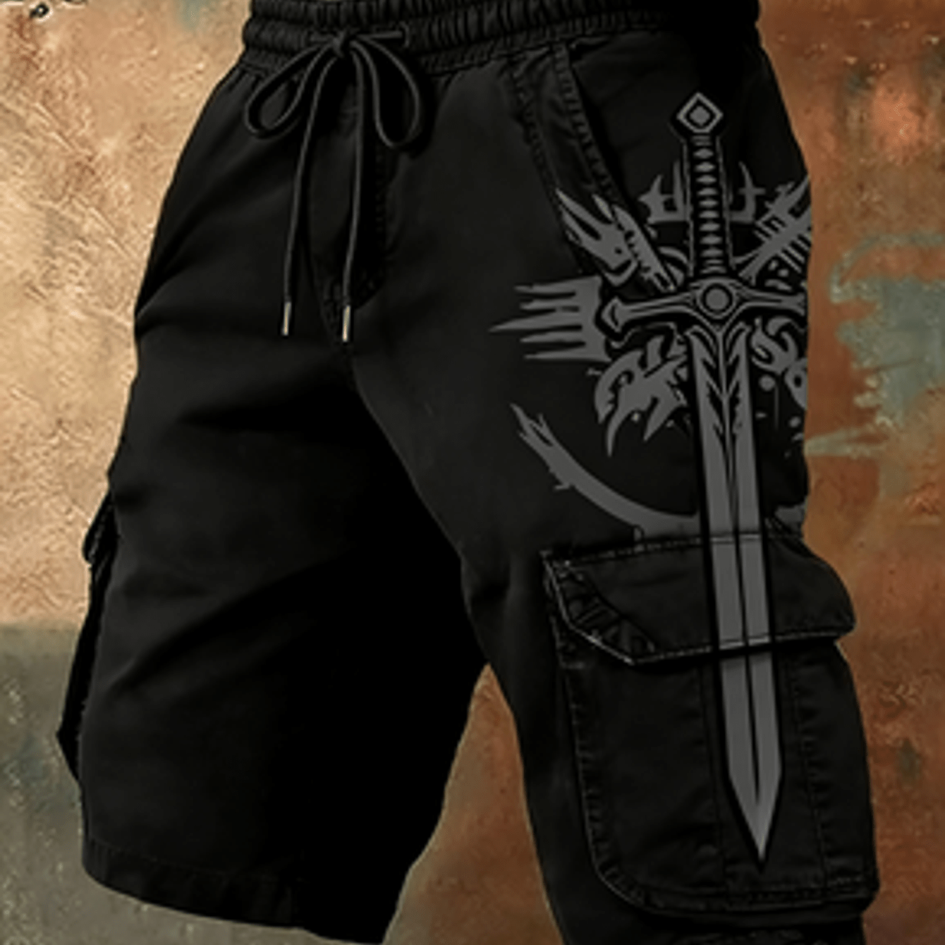 Men's Black And Gray Pattern Work Shorts, Dark Tone Graphic Print Design, Masculine Hardcore Trendy Casual Shorts, Ideal For Stylish Unique Outfits