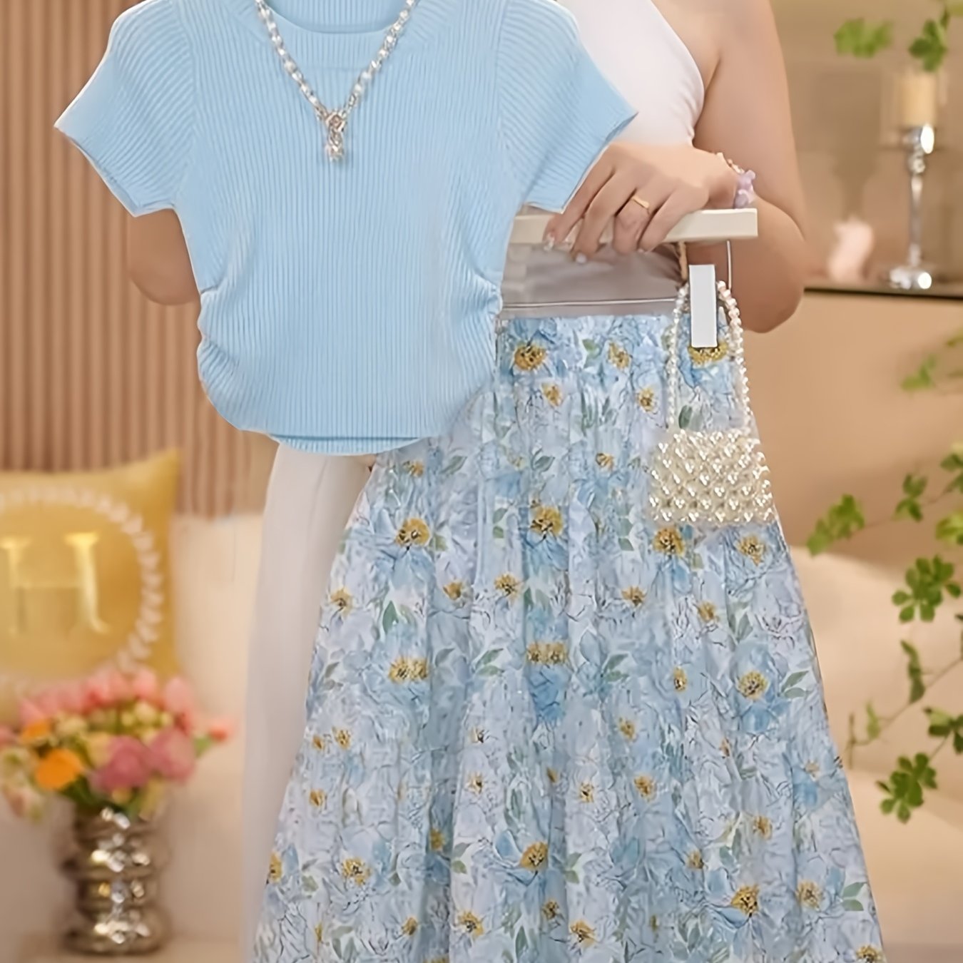 TEMU Girls' Clothing Set: Summer Children's Outfit With Floral Print Party Dress, Fashionable Item