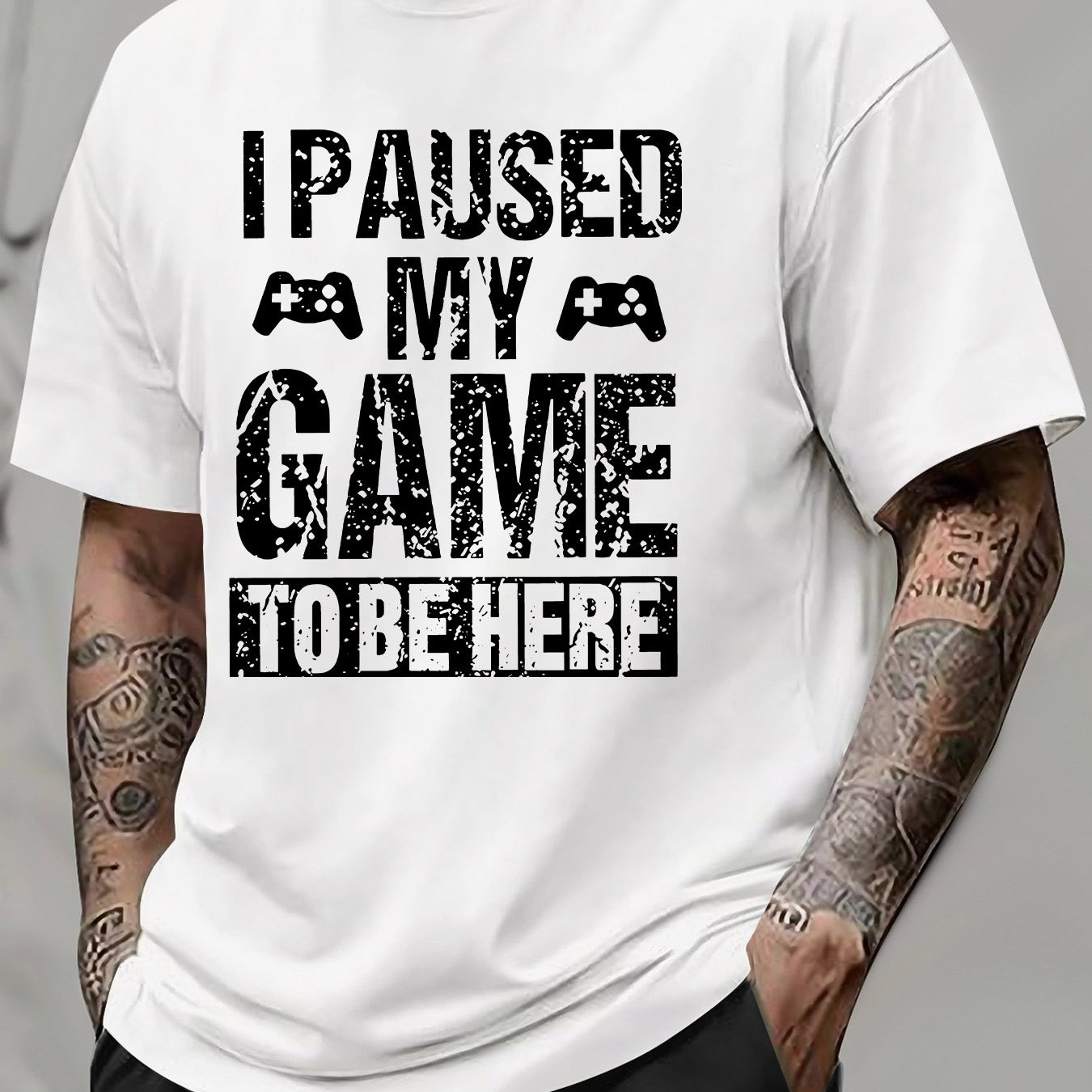 TEMU Men's & Women's Casual Summer Short Sleeve T-shirt With Game Pause Button & Text Print - Round Neck Regular Fit Matching Couple Outfits, Machine