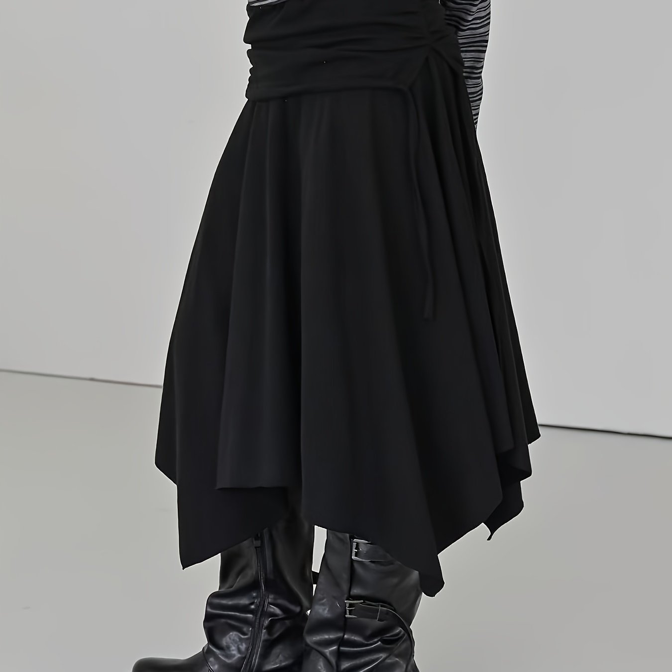 TEMU Women Korean Style Drawstring Irregular Layered Long Skirt Pleated High Waist Solid Color