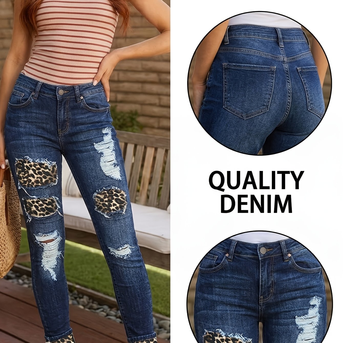 TEMU Women's Mid- Rise Skinny Jeans With Leopard Print Patches& Ripped Details, , Stretchy Fabric A Flattering Fit, Edgy& Casual Styles