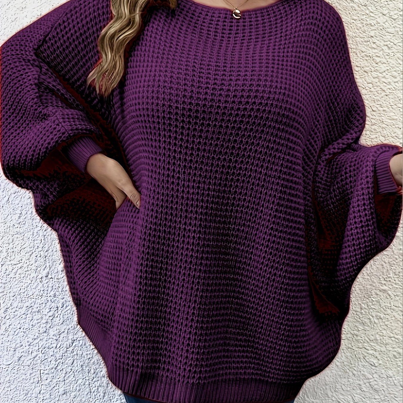 Image of Plus Size - Plus Size - Women's Plus Size Round Neck Batwing Sleeve Solid Color Sweater, Suitable For Spring Autumn Vacation Outfit Mother's Day