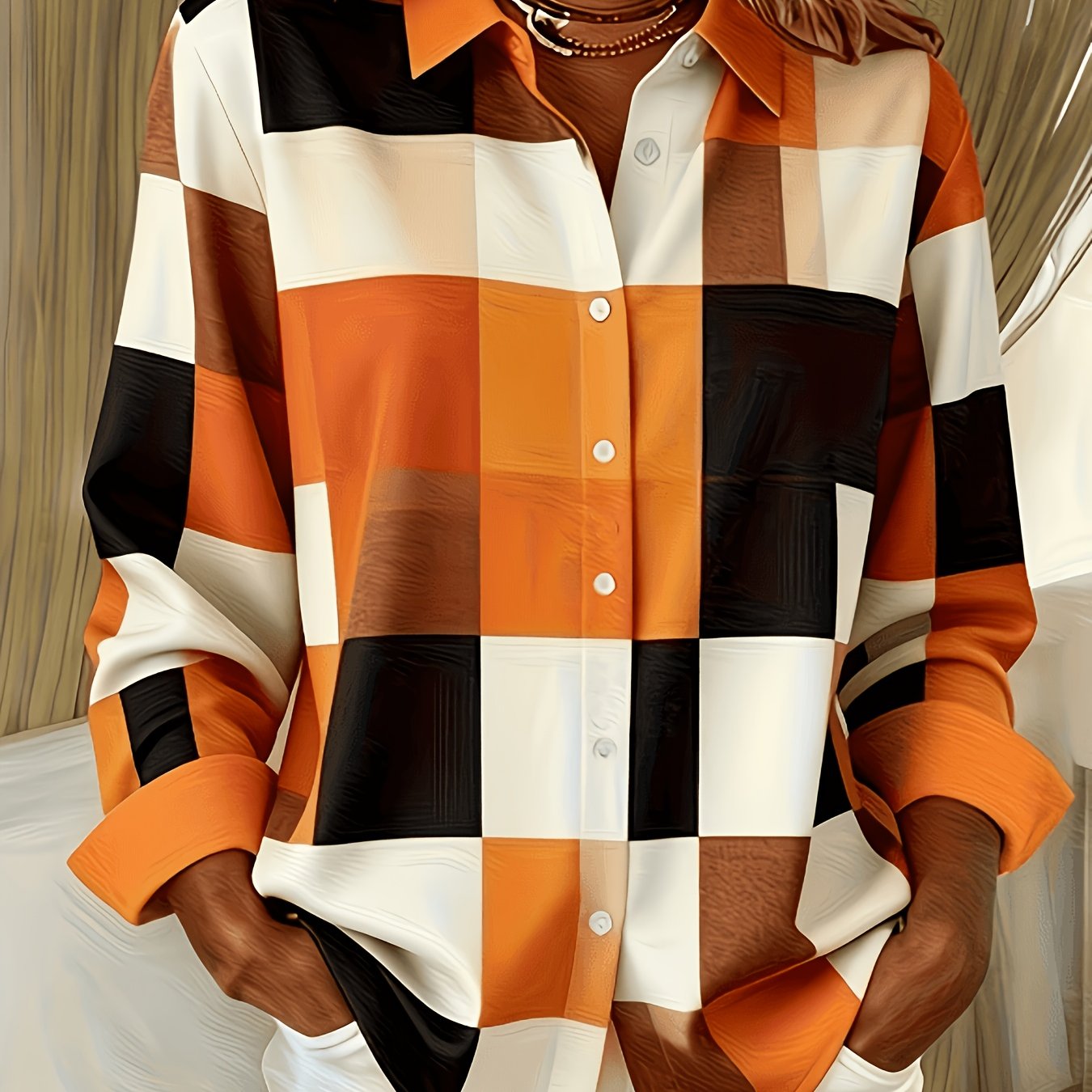 TEMU Elegant Special Edition Women's Printed Shirt - Long Sleeve Button-up, Classic Collar, Suitable For Office, , Or Formal Events, Office Wear,