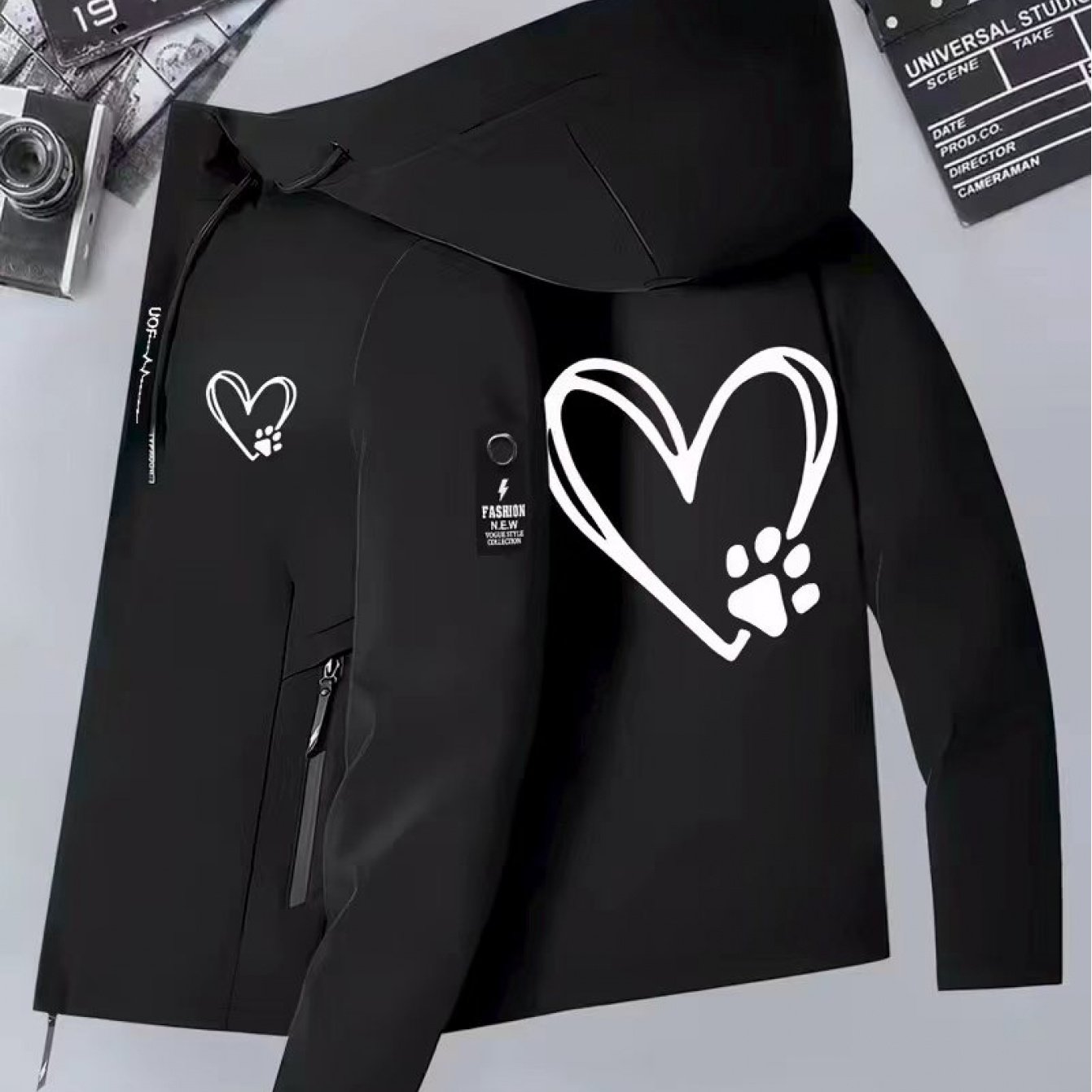 TEMU Men's & Women's Windproof Couple's Matching Jackets With Heart Print - Hooded Outdoor Hiking Windbreakers, Spring/autumn Windproof Coat For