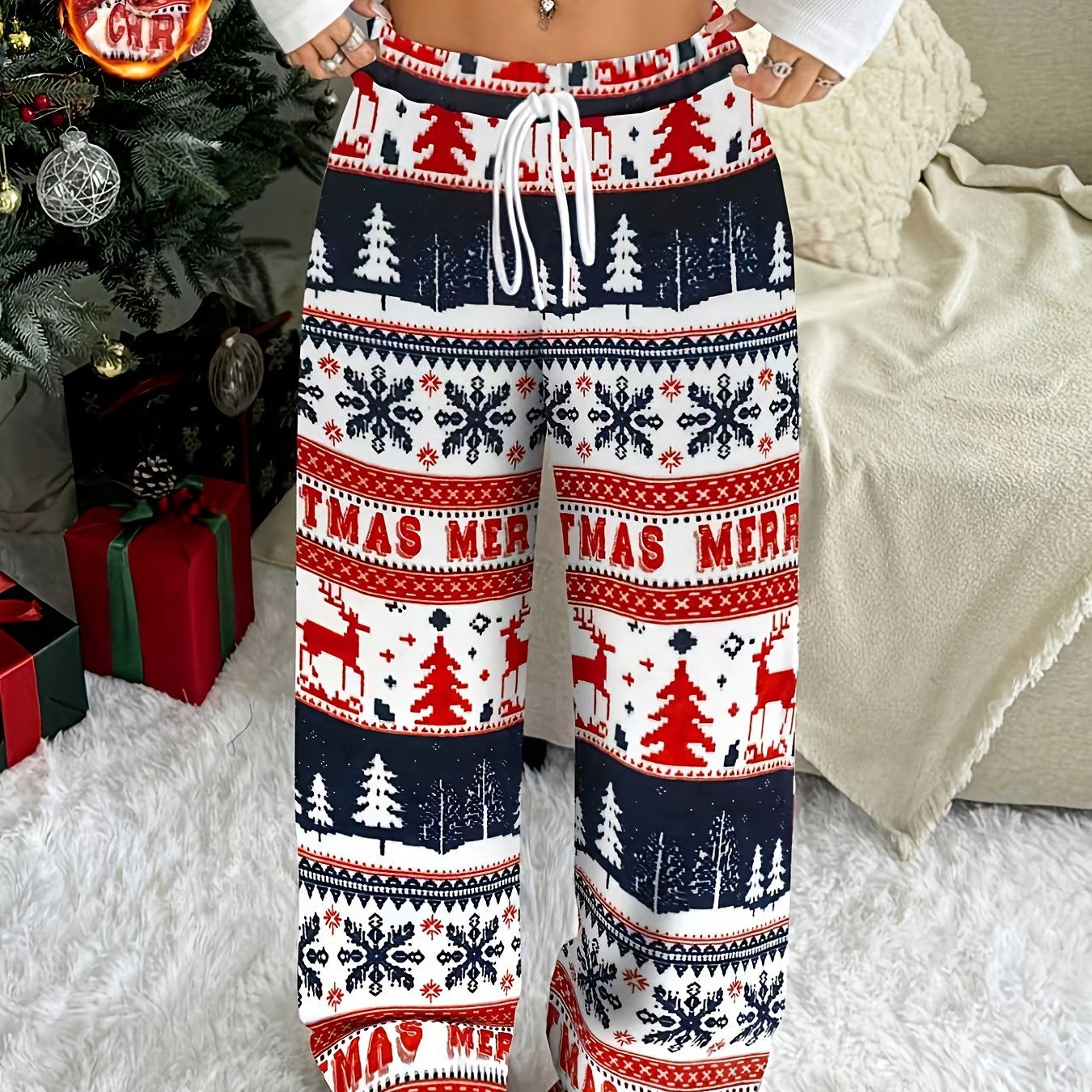 TEMU Christmas Plush Wide-leg Pants For Women, Casual Long Pants