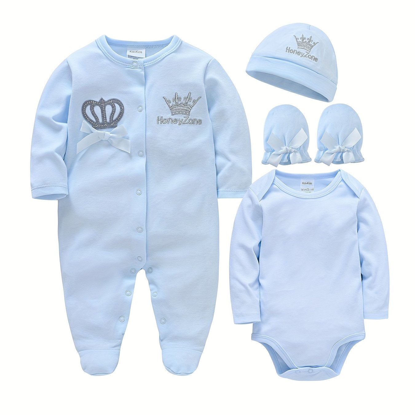 Image of Baby Boy Spring Autumn Long Sleeve 4pcs Set With Footed Onesie, Hat, Gloves, And Bib, For Outdoor