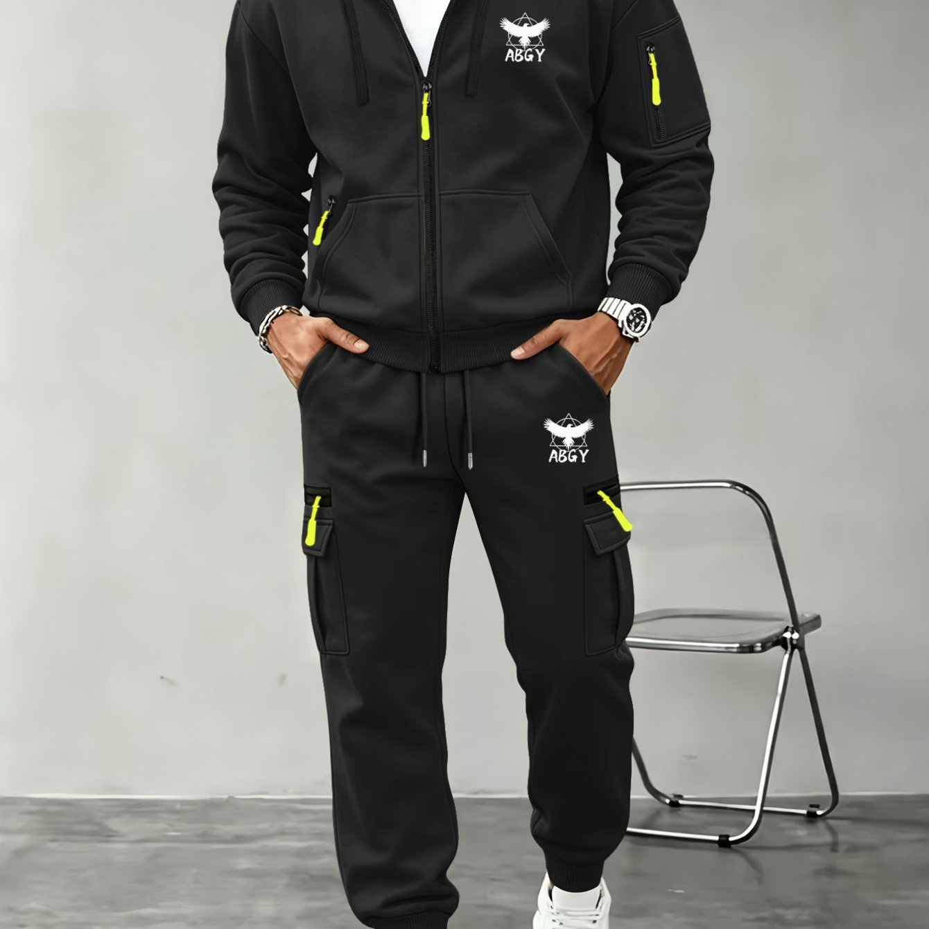 TEMU Men's Hooded Casual Sweatshirt And Cargo Pants 2pcs Set, Eagle Letter Print Multi-pocket Complete Outfit