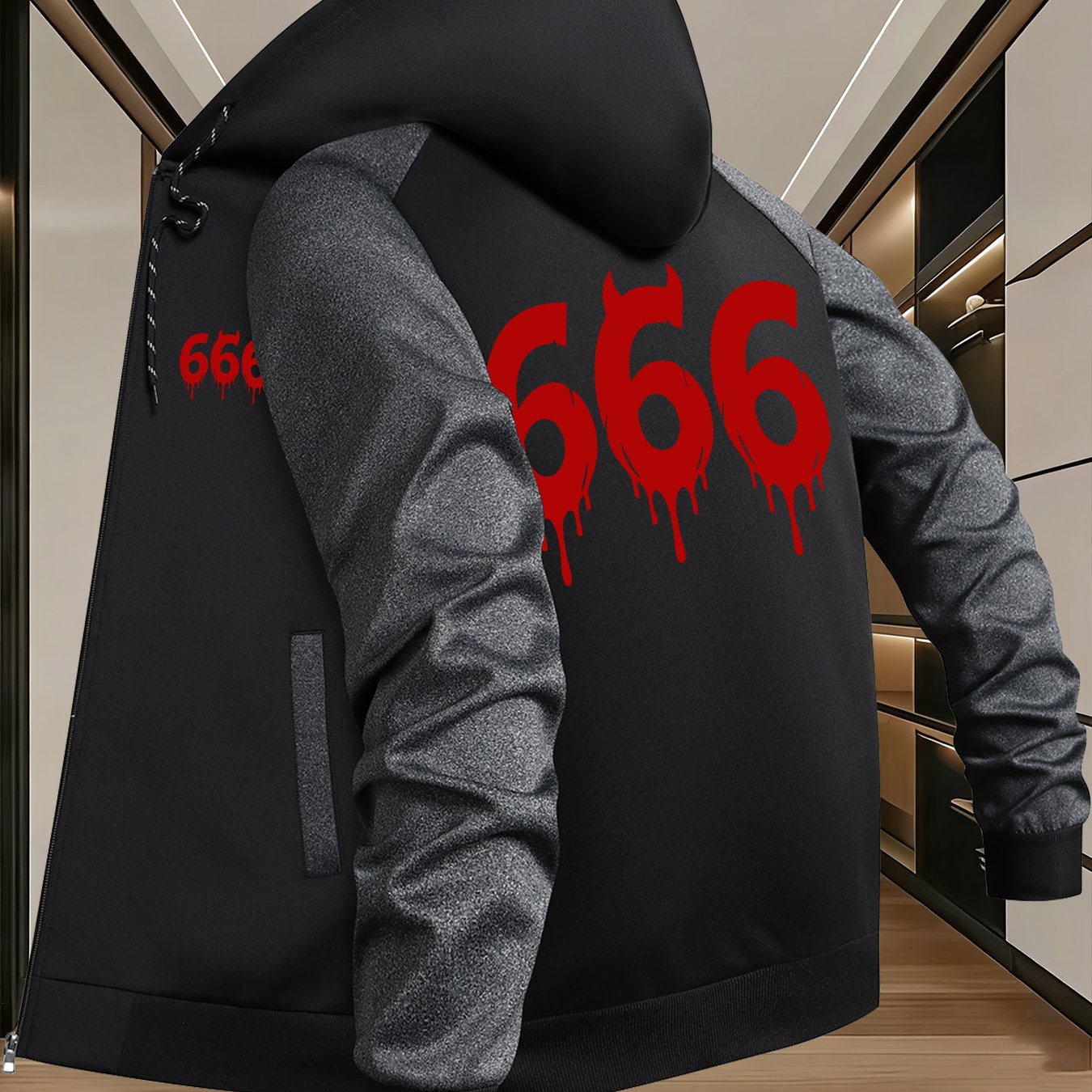 TEMU Men's Trendy Hooded Color-block Jacket For Spring And Autumn, Featuring 666 Pattern, Suitable For Business Casual Wear, Versatile Hooded Jacket,