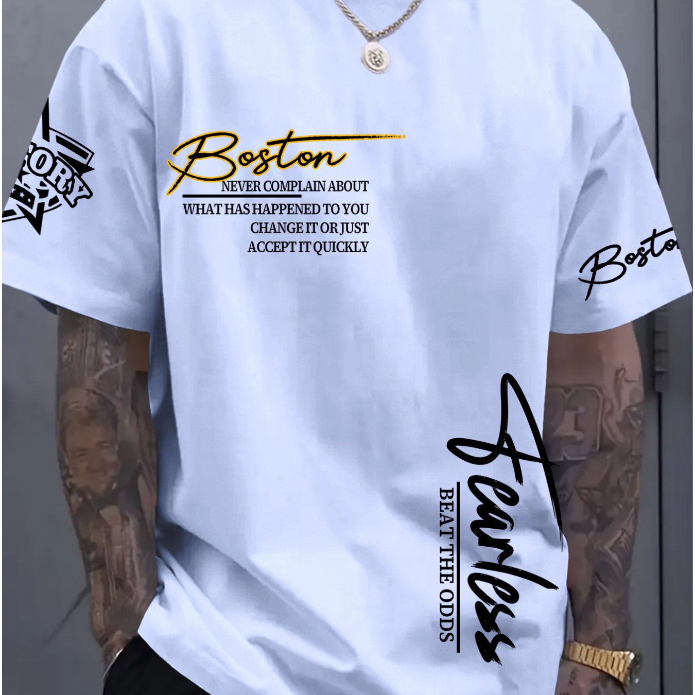 TEMU Men's Fashion Casual Outdoor Sports T-shirt, Men's T-shirt, American Inspirational Style "boston" Cursive Script Motivational Slogan Print