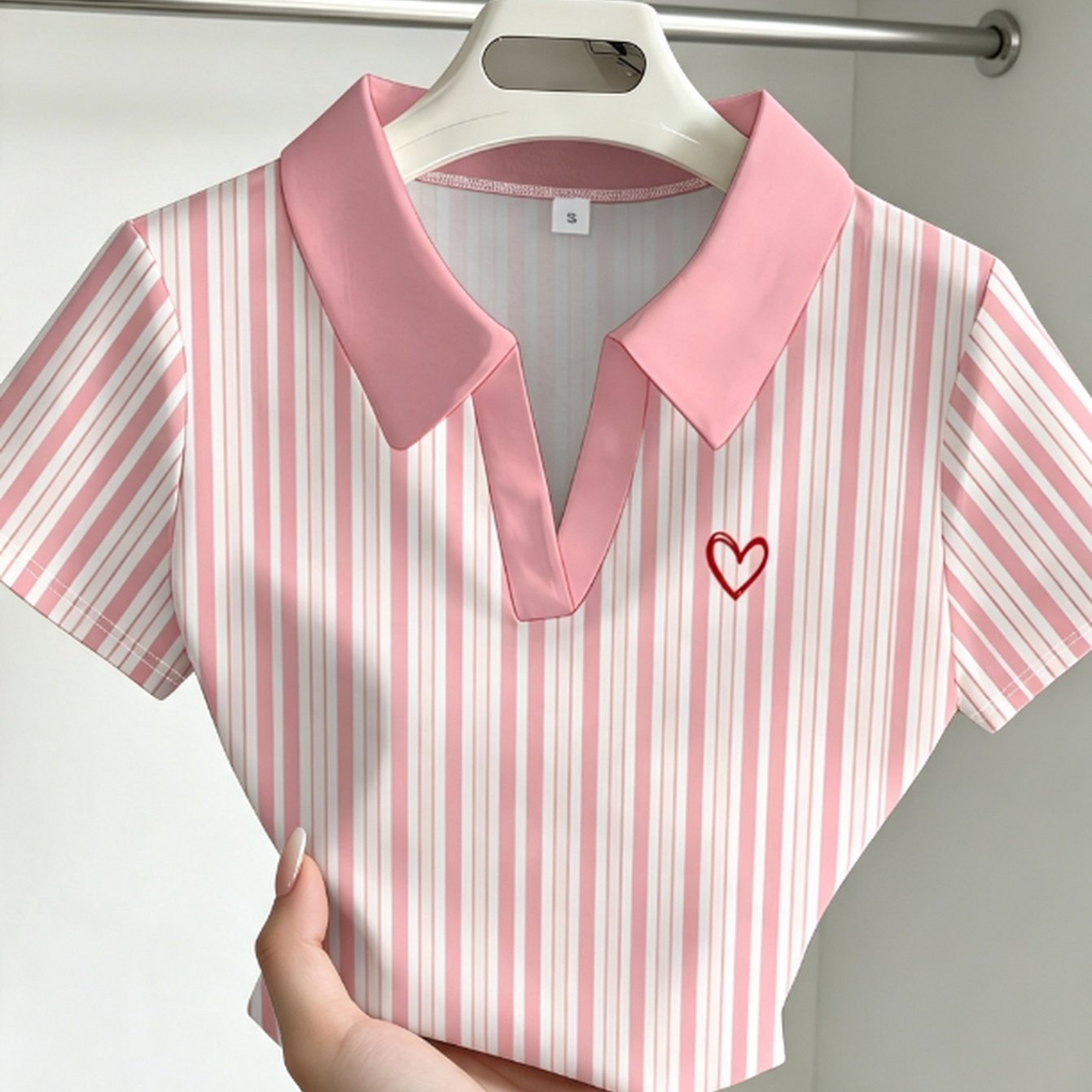 TEMU [printed Design - Non-realistic Texture] Sweet Pink White Vertical Stripes Short Sleeve Shirt Women's Small V-neck Red Heart Short Top Summer
