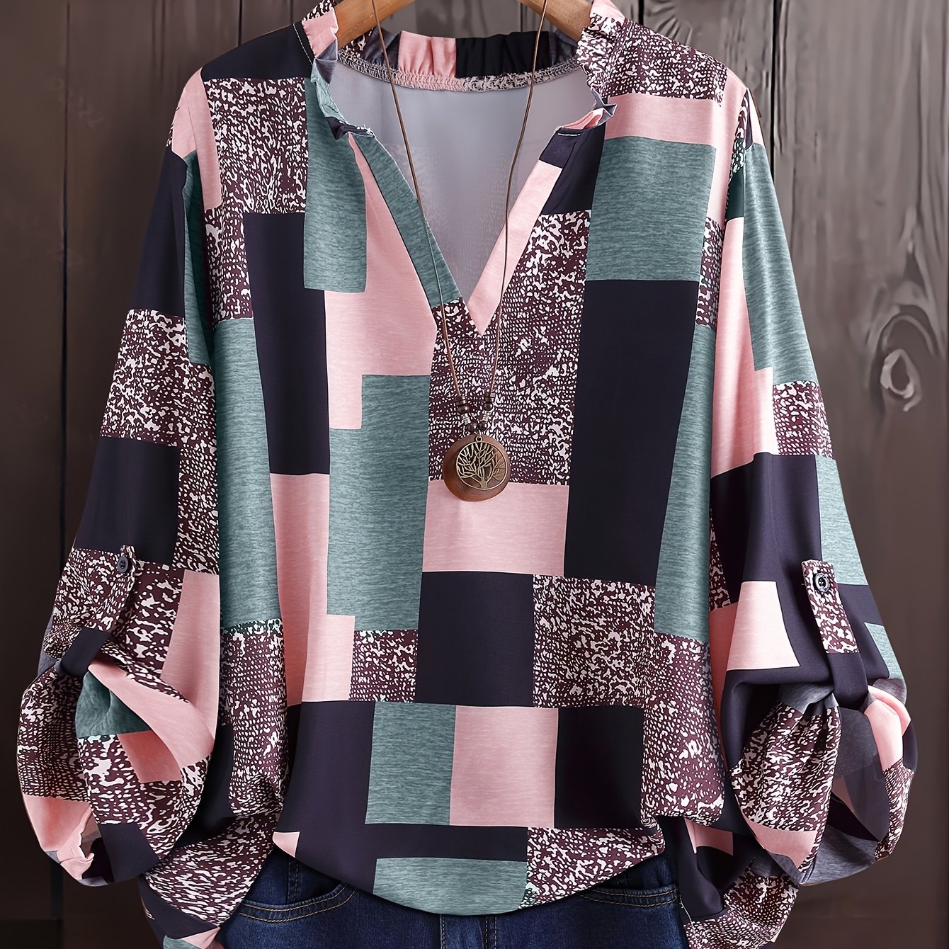 E-shop Plus Size - Plus Size - Plus Size Bedrucktes Hemd mit verstellbaren Manschetten, Elegantes Langarm-Top für Damen, Neue Frühlings- und