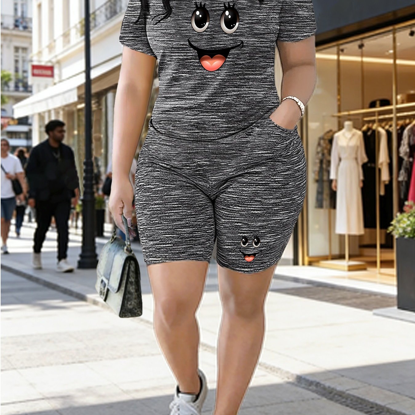 TEMU New Women's Fashion 2026 Casual Streetwear Cartoon Smiling 2pcs Set: Short Sleeve Top + Shorts With Pockets, Comfortable Summer Outfit For Daily