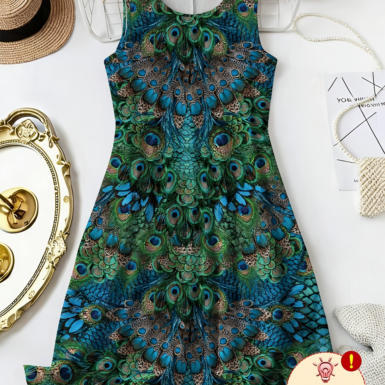 TEMU Plus Size Women's Bohemian Peacock Pattern 2d Print Vest Dress- Additions Not Included